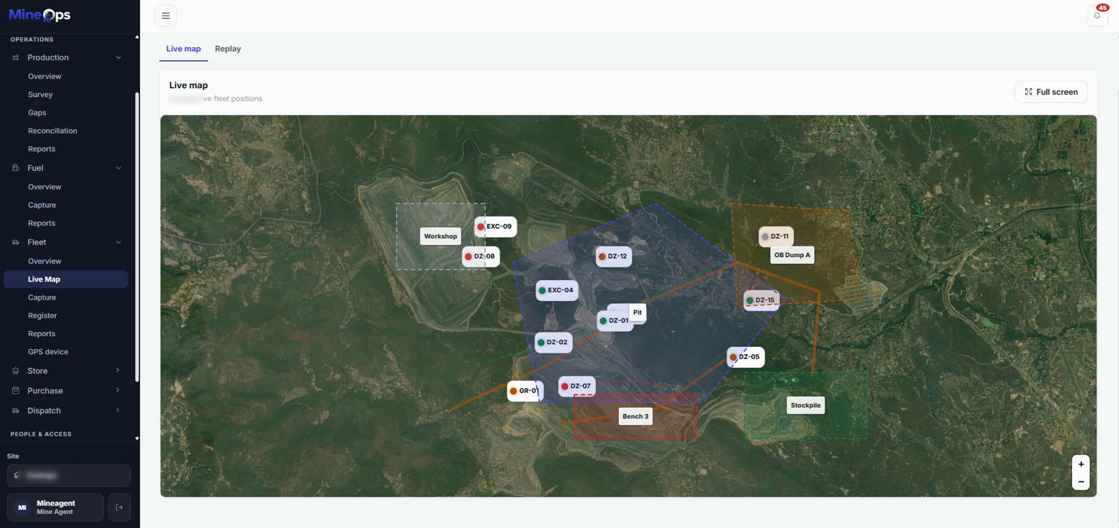 MineOps live fleet map with pit, bench, dump and stockpile zones over satellite imagery