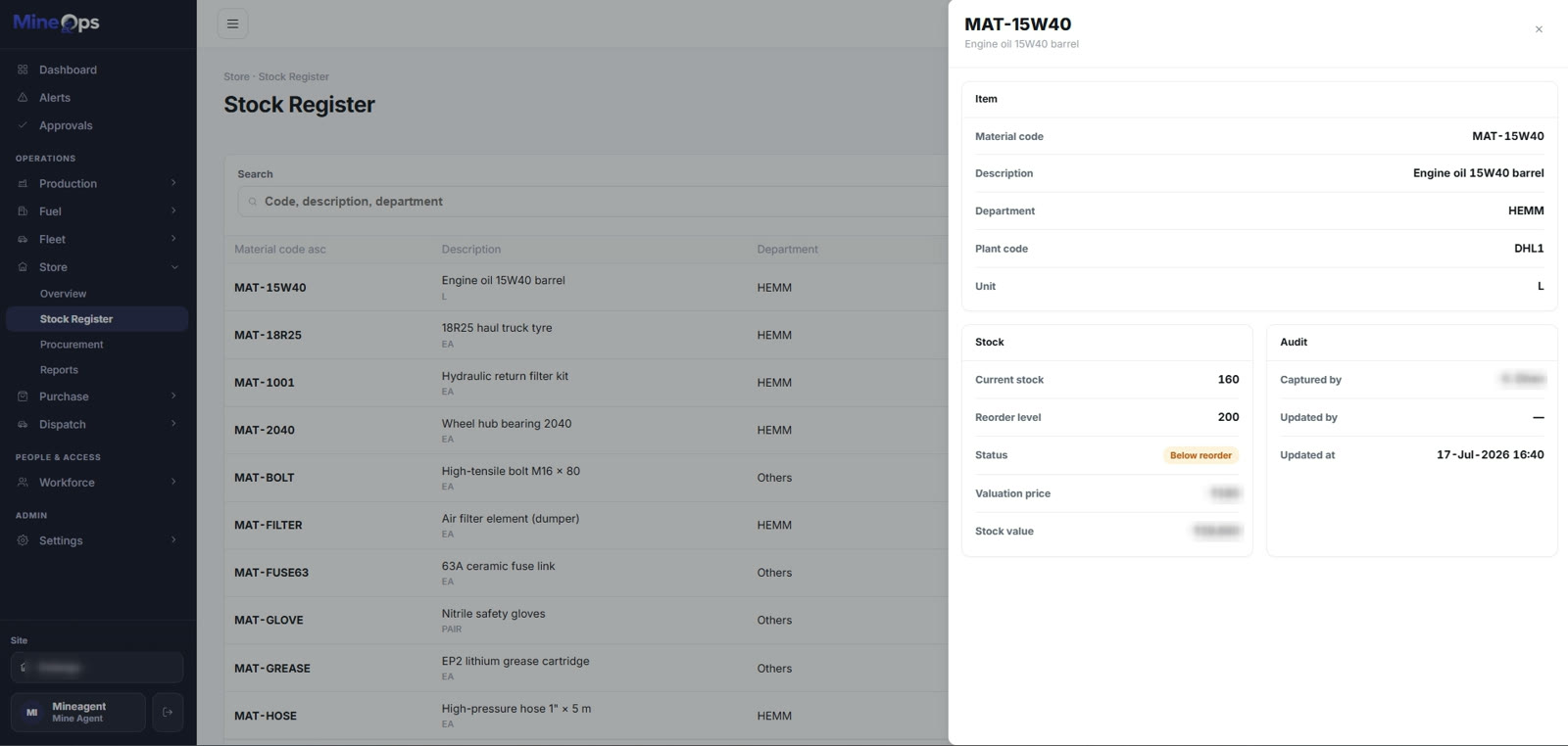 MineOps stock register with an item drawer showing stock against reorder level