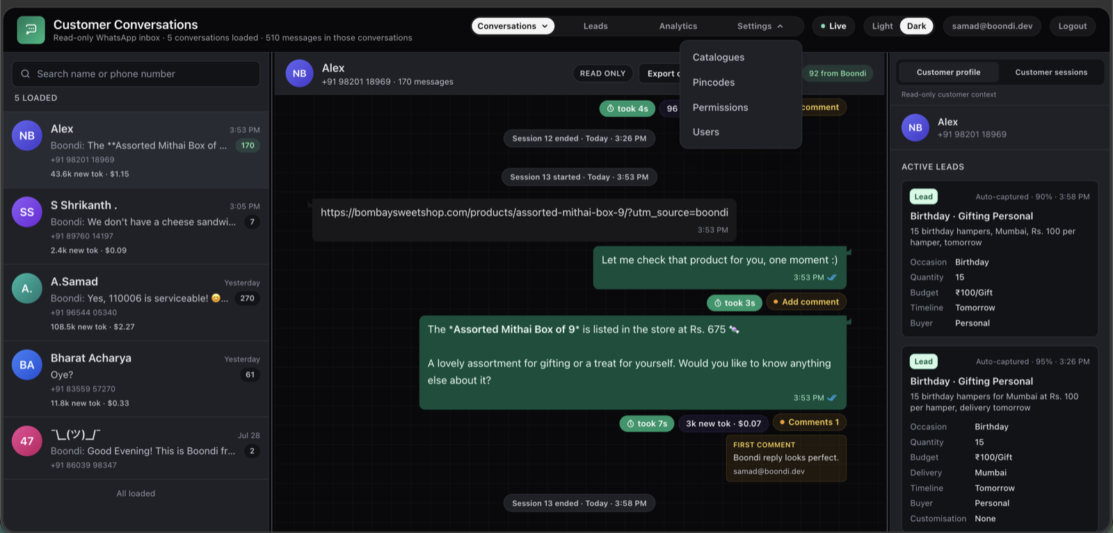 Boondi operator console — customer conversations, catalogue and pincode settings, and auto-captured leads