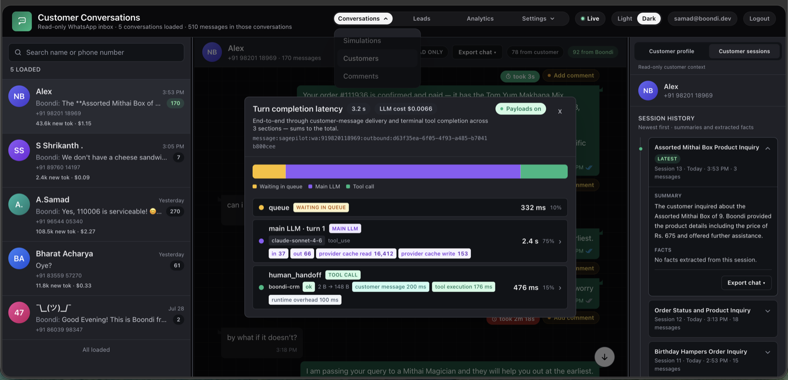 Boondi read-only agent inbox — a conversation with per-turn latency, LLM cost, and the human hand-off tool call