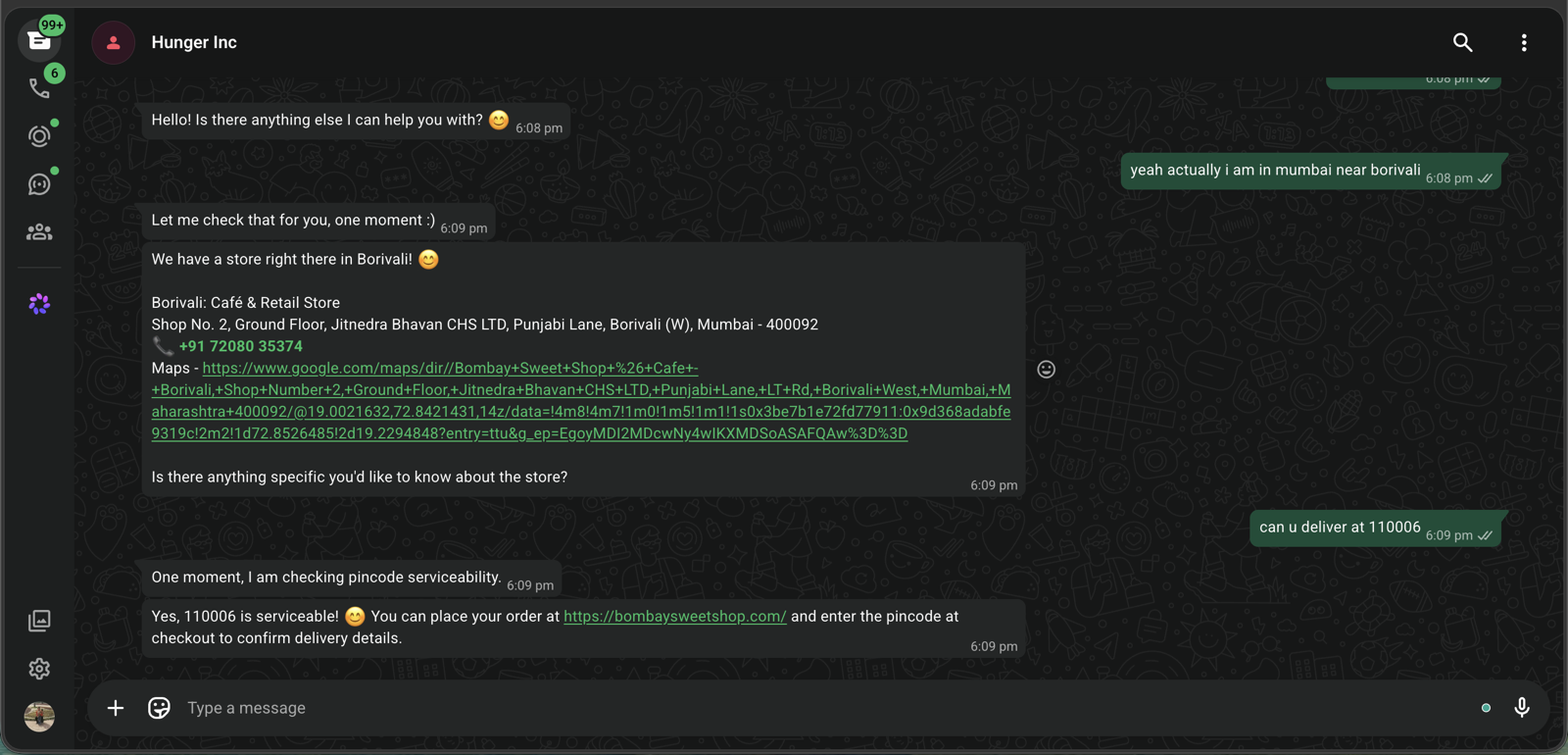 Boondi answering a Bombay Sweet Shop customer on WhatsApp — nearest store lookup and pincode serviceability