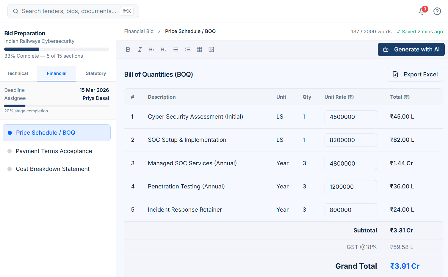 Financial bid price schedule - bill of quantities with unit rates, totals, GST and grand total