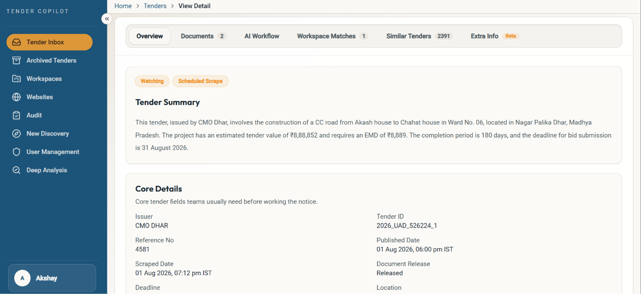 Step 2 - review the AI-generated summary and tender details