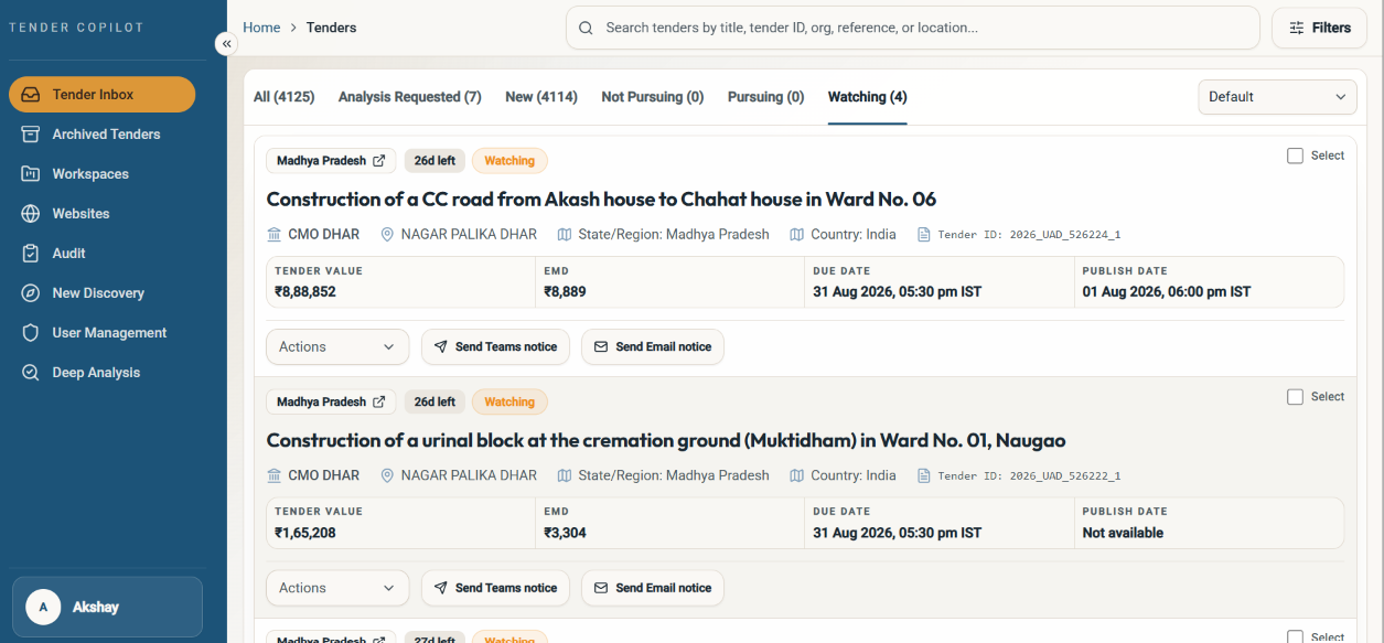 Tender CoPilot tender inbox - discovery across portals, search, filters, Watching status and Teams notification actions